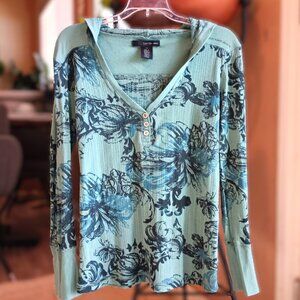 Y2K Calvin Klein Jeans Hoodie Henley 3 Button Green Cotton Long Slv Womens Large